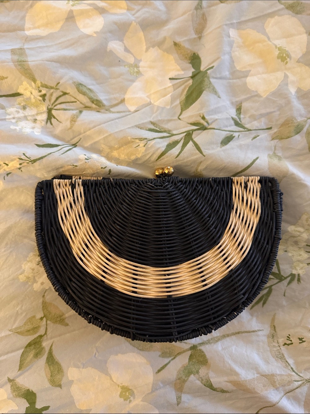 Woven Half-Moon Clutch Bag in Black and Natural